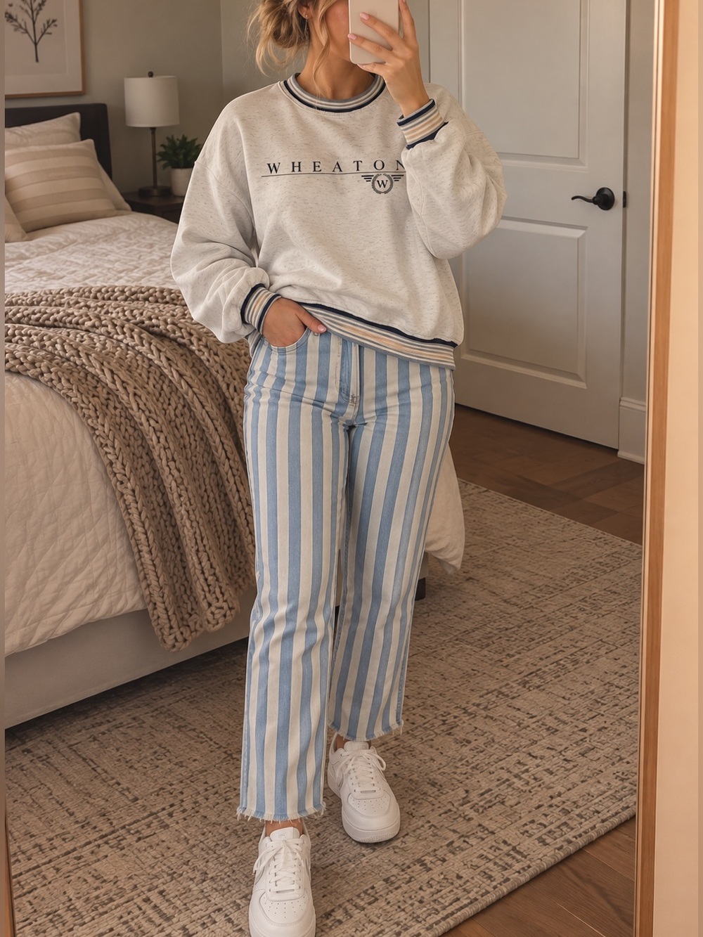 Kensie Vertical-Striped High-Rise Jeans — Blue & White